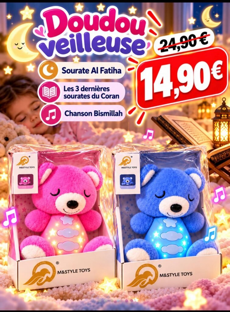 Doudou veilleuse coranique rose et bleu