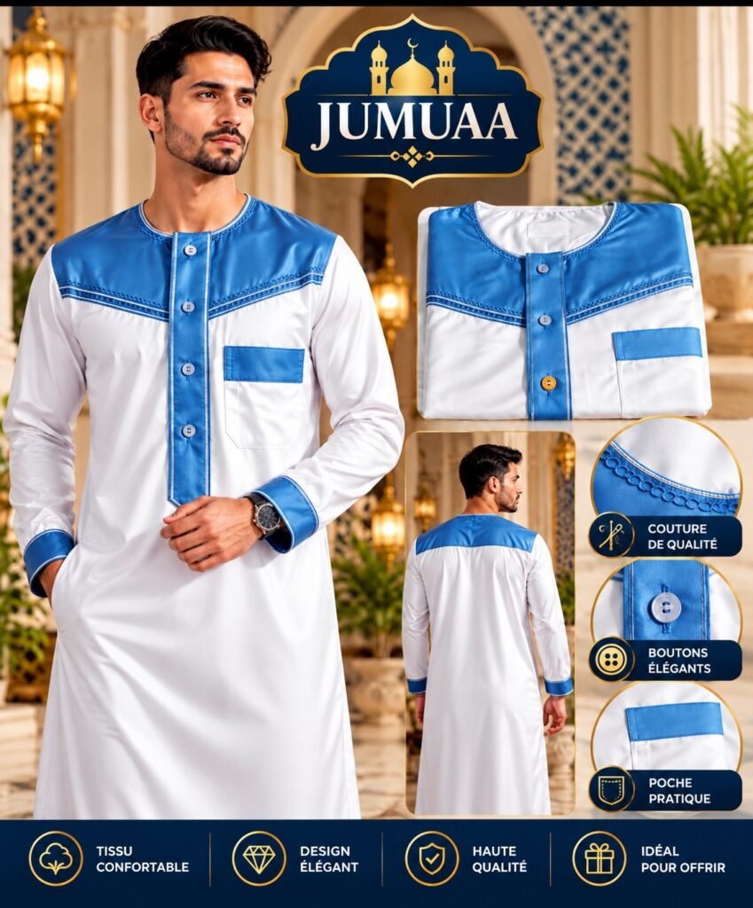 Qamis bicolore Blanc et bleu