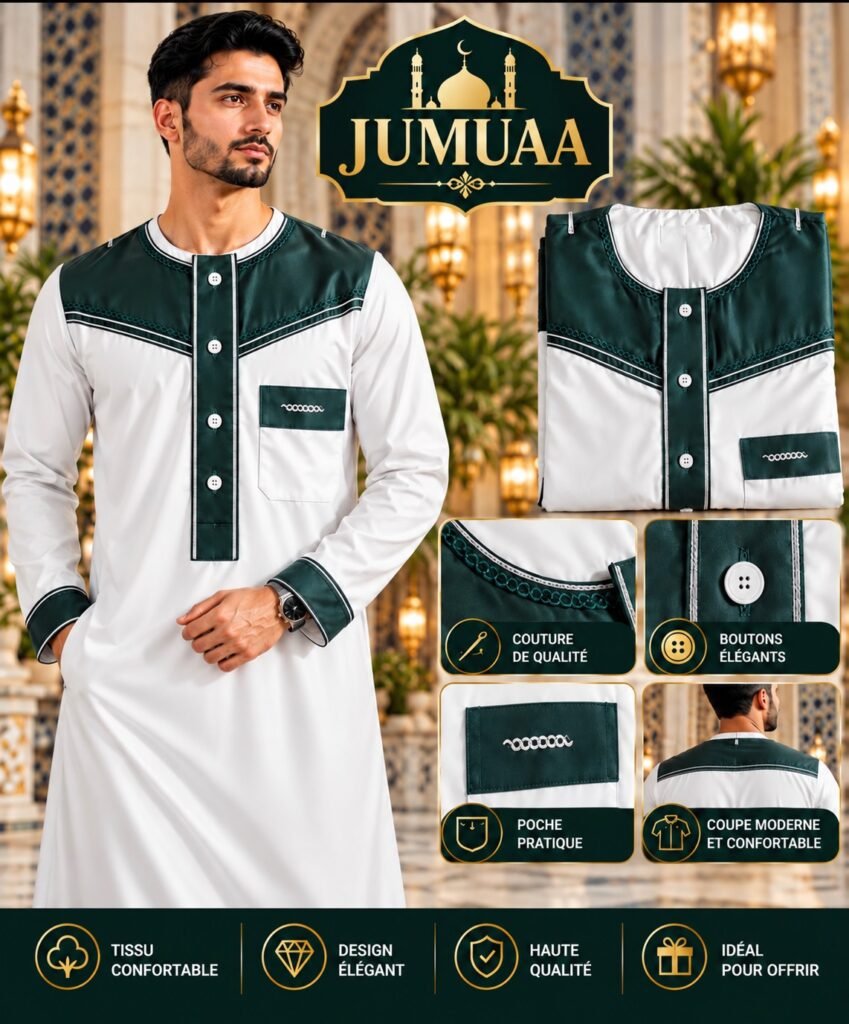 Qamis bicolore Blanc et vert