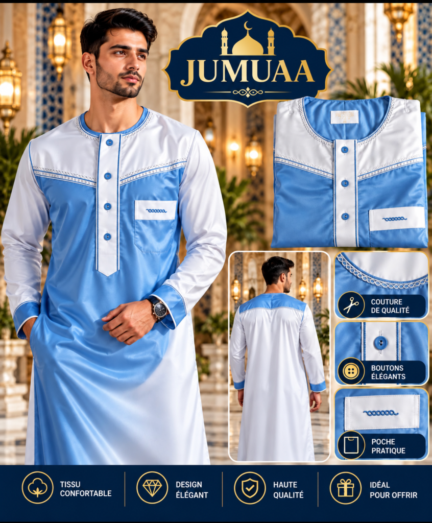 Qamis bicolore Bleu et blanc